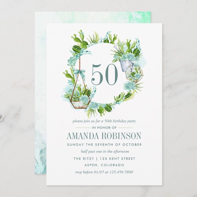 Invitation Watercolor Desert Cactus Succulents 50e anniversai (Devant / Derrière)