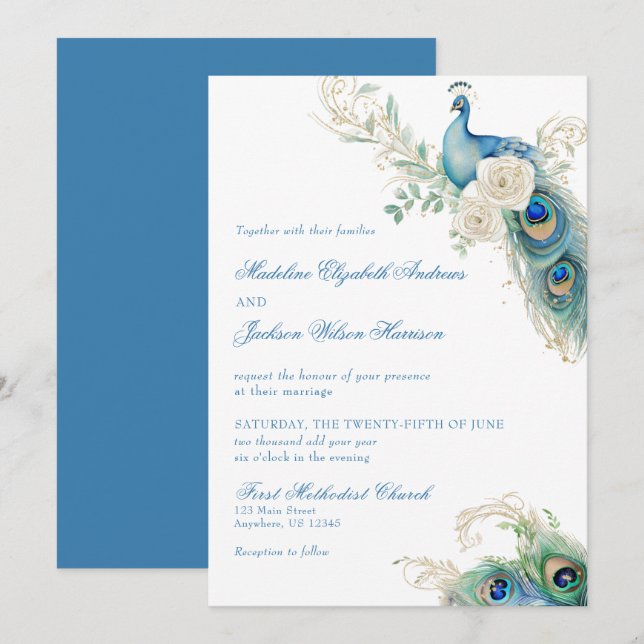 Invitation Watercolor Designer Blue Monogram Crest Wedding (Devant / Derrière)