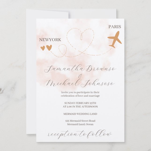 Invitation Watercolor Destination plane flight abroad wedding (Devant)