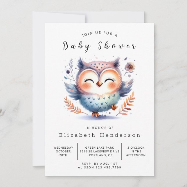 Invitation Watercolor Digital Owl Baby shower (Devant)