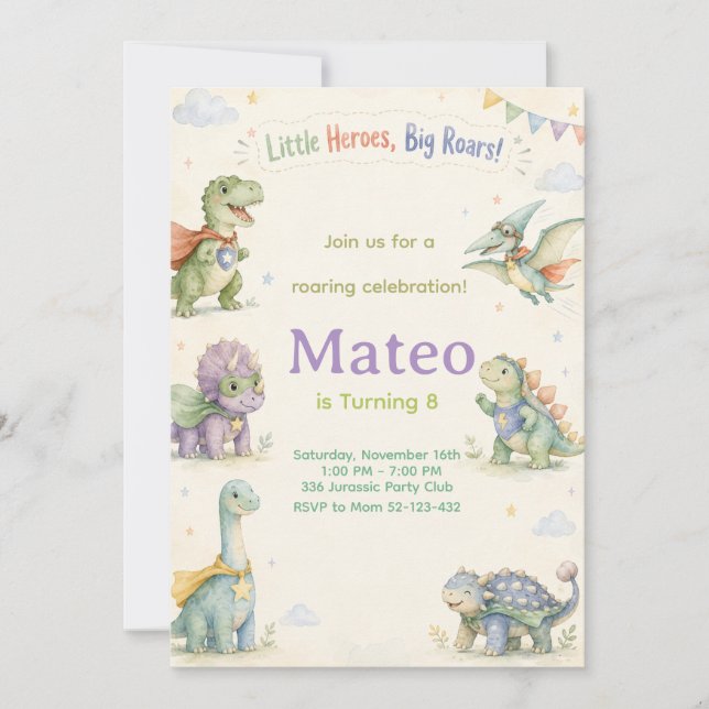 Invitation Watercolor Dinosaur Superhero Birthday (Devant)