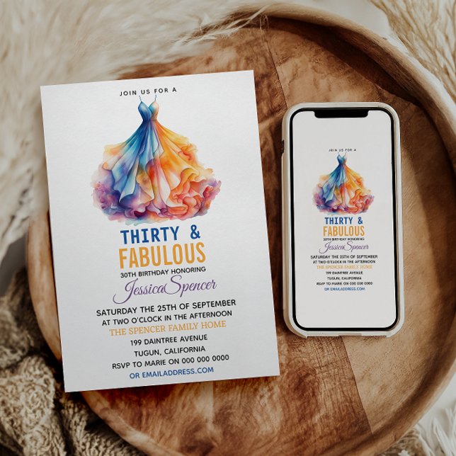 Invitation Watercolor Dress 30th Birthday Elegant & Feminine  (Créateur téléchargé)