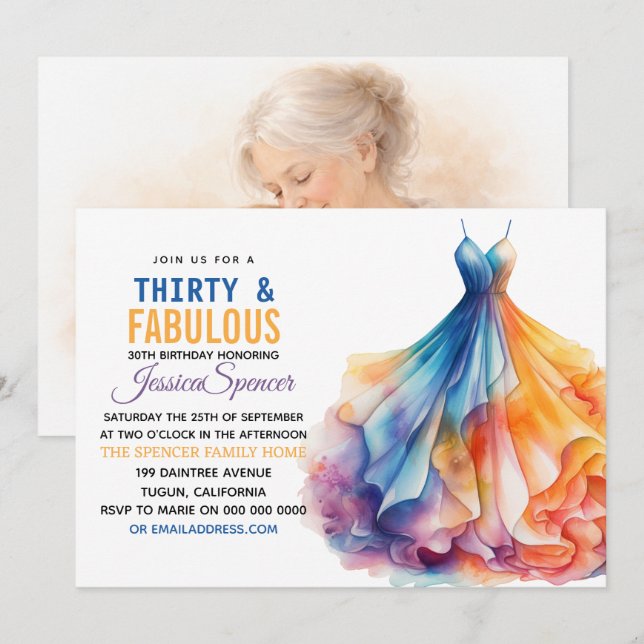 Invitation Watercolor Dress 30th Birthday Elegant & Feminine  (Devant / Derrière)