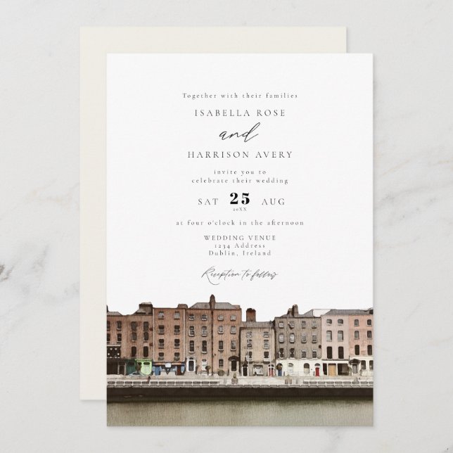 Invitation Watercolor Dublin Irlande Skyline River Mariage (Devant / Derrière)