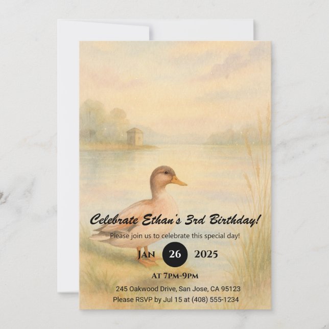 Invitation Watercolor Duck by the Lakeside at Sunset Birthday (Devant)