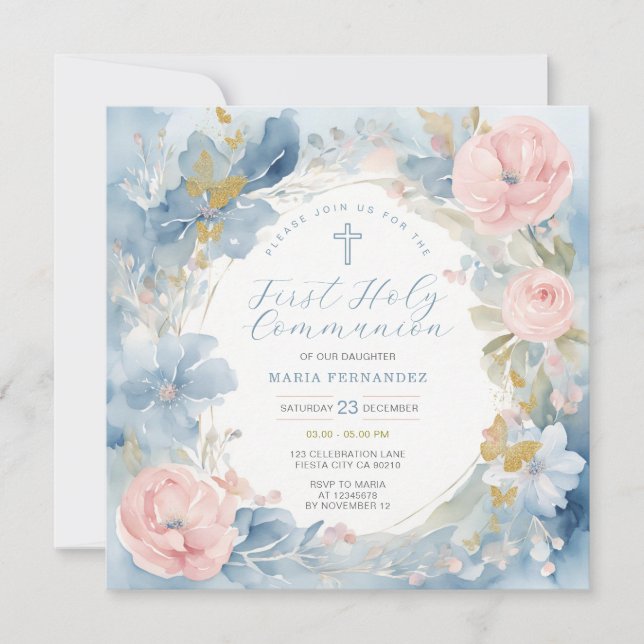Invitation Watercolor Dusty Blue Floral First Holy Communion (Devant)