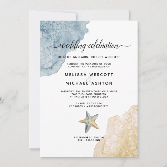 Invitation Watercolor Dusty Blue Sea Beach Mariage d'événemen (Devant)