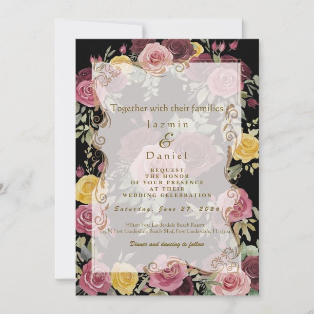 Invitation Watercolor Dusty Burgundy Yellow Roses/BlackFlat (Devant)