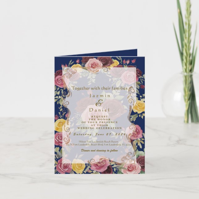 Invitation Watercolor Dusty Burgundy Yellow Roses/Blue (Devant)
