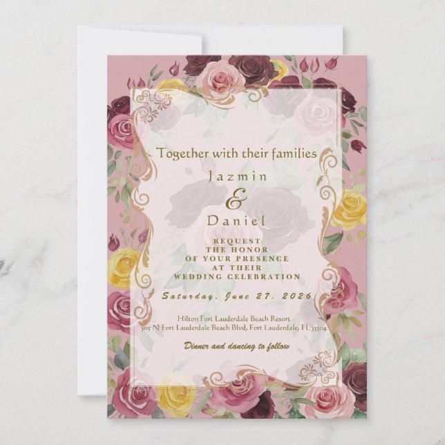 Invitation Watercolor Dusty Burgundy Yellow Roses/Pink Flat (Devant)