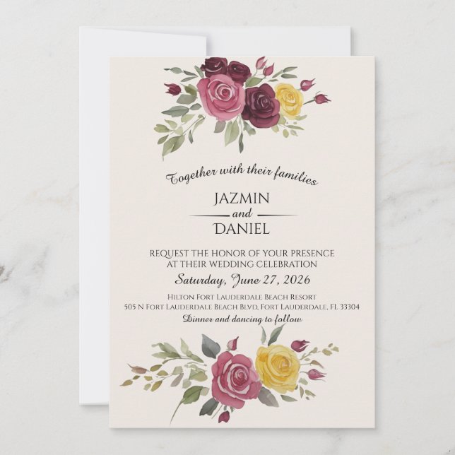 Invitation  Watercolor  Dusty Country Burgundy Roses On Cream (Devant)