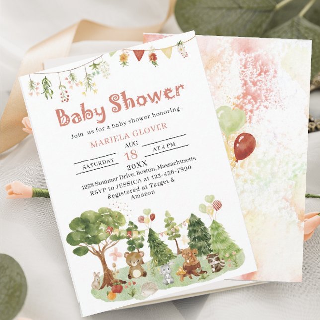 Invitation Watercolor Elegant Woodland Party Baby shower (Créateur téléchargé)