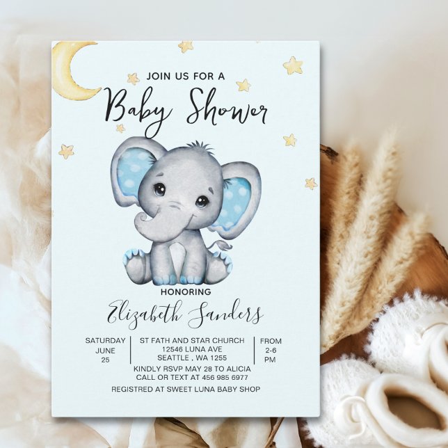 Invitation Watercolor Elephant Baby Shower Boy, Blue and Gray (Créateur téléchargé)