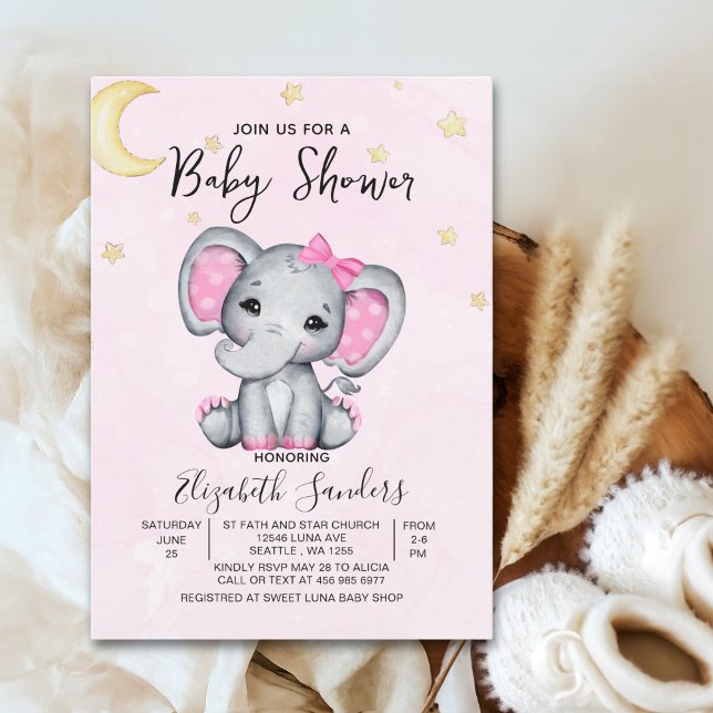 Invitation Watercolor Elephant Baby Shower Girl Pink (Créateur téléchargé)