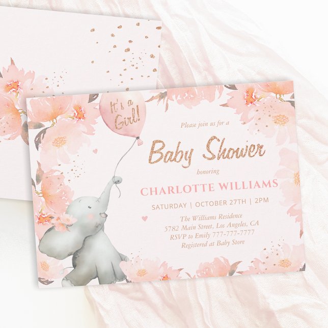 Invitation Watercolor Elephant Floral Gold Girl Baby Shower (Créateur téléchargé)