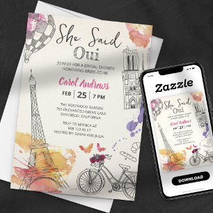Invitation Watercolor Elle a Dit Oui Tour Eiffel Enterrement 