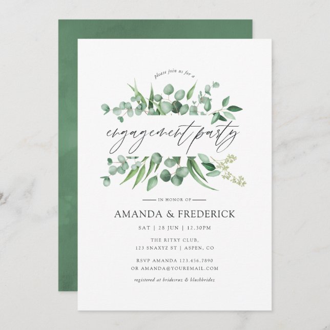 Invitation Watercolor Eucalyptus Green Engagement Party (Devant / Derrière)