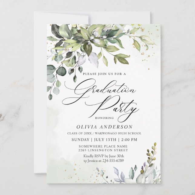 Invitation Watercolor Eucalyptus Green Graduation Party (Devant)