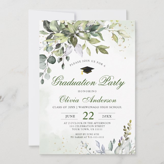 Invitation Watercolor Eucalyptus Green Graduation Party (Devant)