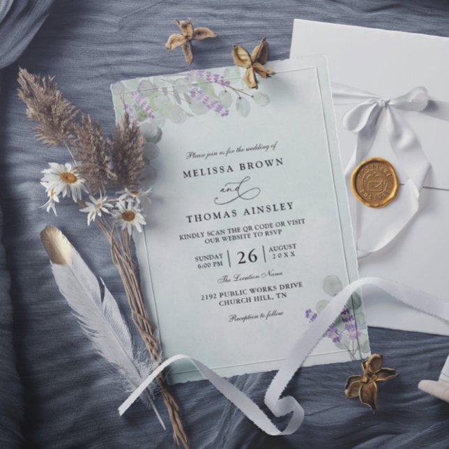 Invitation Watercolor Eucalyptus Lavender QR Code Wedding (Créateur téléchargé)