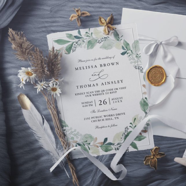 Invitation Watercolor Eucalyptus Leaves Chic QR Code Wedding (Créateur téléchargé)