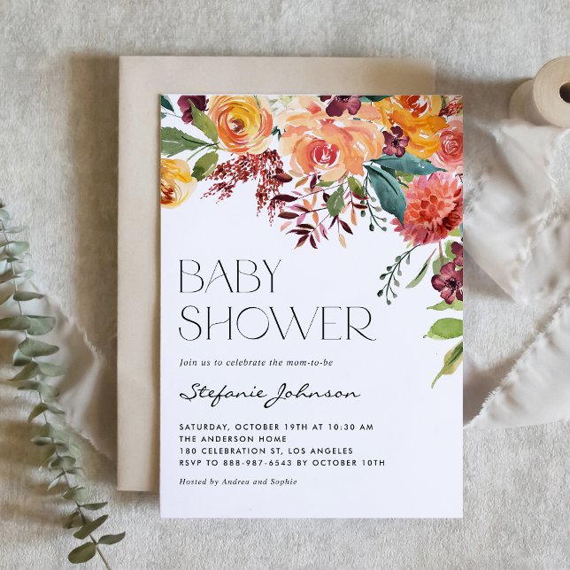 Invitation Watercolor Fall Floral Bouquet Baby shower (Custom Autumn Floral Baby Shower Invitation with Watercolor Fall Flowers and Greenery)
