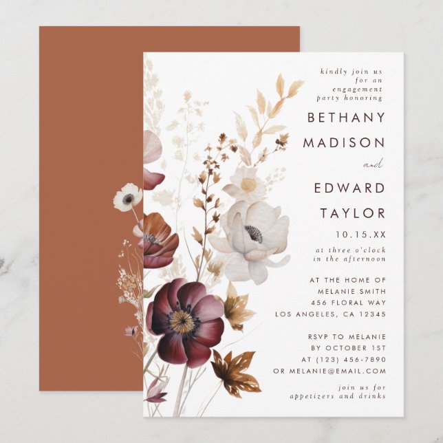 Invitation Watercolor Fall Floral Engagement Party (Devant / Derrière)