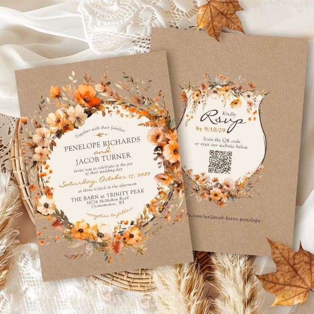 Invitation Watercolor Fall Floral Rustic Kraft Autumn Wedding (Elegant Fall floral rustic kraft modern watercolor flowers boho chic Autumn ivory wedding invitation)