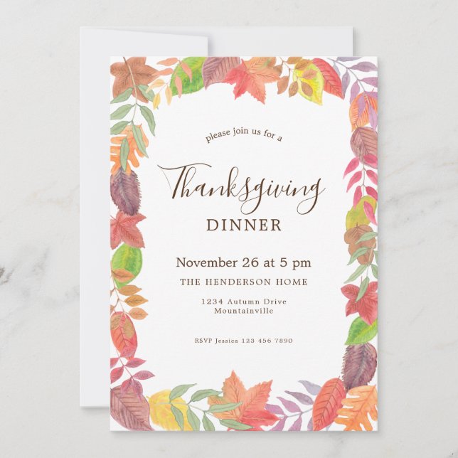 Invitation Watercolor Fall Foliage Thanksgiving Dinner (Devant)