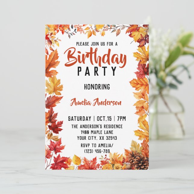 Invitation Watercolor Fall Leaves Automne Anniversaire Fête (Debout devant)