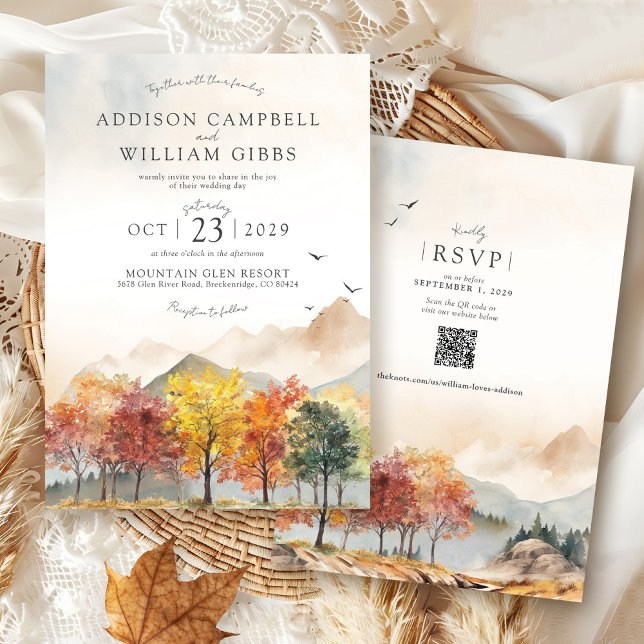 Invitation Watercolor Fall Trees Mountain Autumn Boho Wedding (Elegant watercolor Fall Trees forest mountain landscape terracotta Autumn QR code wedding invitation)