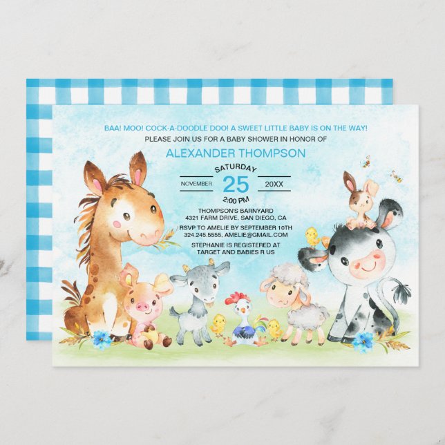 Invitation Watercolor Farm Animaux Baby shower garçon (Devant / Derrière)
