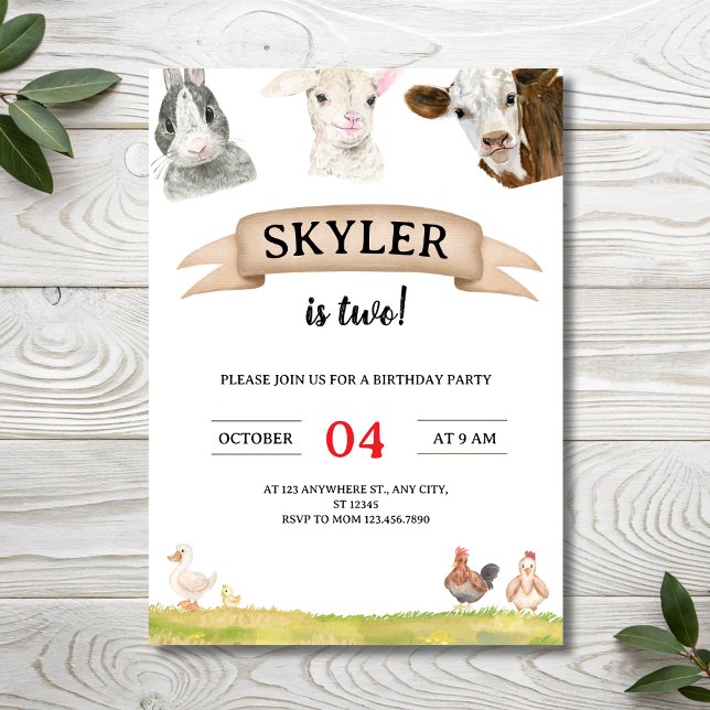 Invitation Watercolor Farm Friends Skyler is Two 2nd Birthday (Watercolor Farm Friends Skyler is Two 2nd Birthday Invitation
)