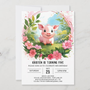 Invitation Watercolor Farmyard Delight Pig Girl Anniversaire