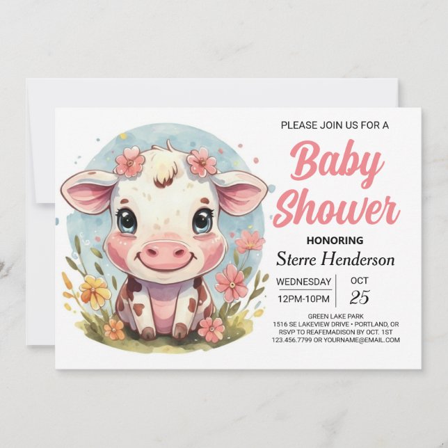 Invitation Watercolor Ferme Baby shower de vache moderne (Devant)