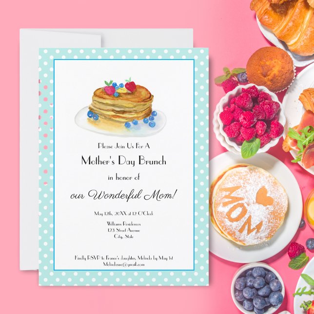 Invitation Watercolor Fête des mères Pancake Brunch Party (Celebrate your Mom with this lovely watercolor pancake brunch invitation. )