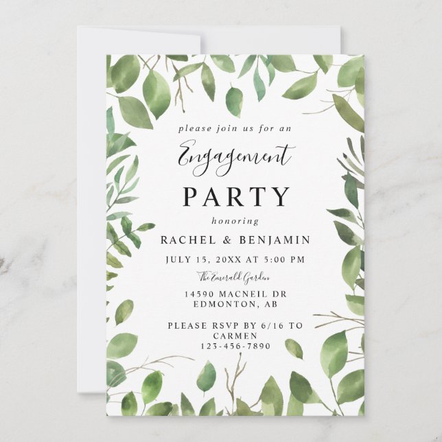 Invitation Watercolor Feuilles Green Frame d'engagement (Devant)