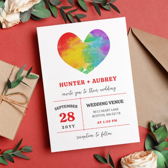 Invitation Watercolor Filled Pride Heart Gay Lesbian Wedding (Créateur téléchargé)