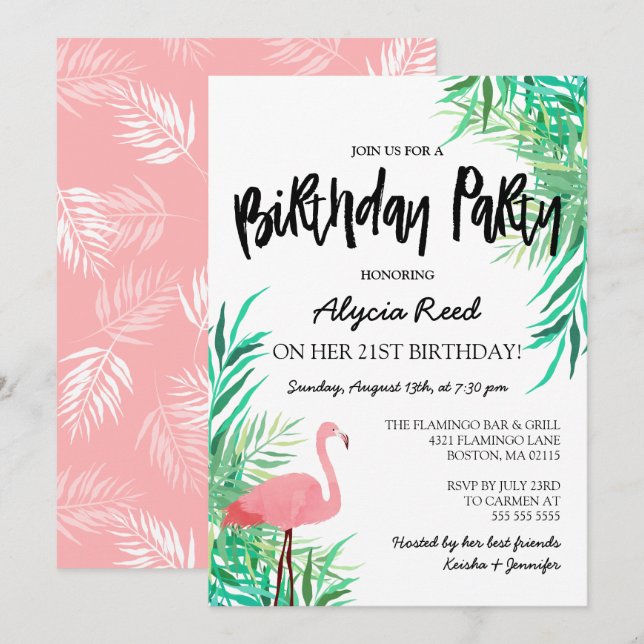Invitation Watercolor Flamant rose Tropical Birthday Party (Devant / Derrière)