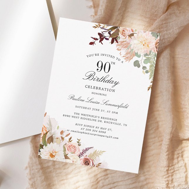 Invitation Watercolor Floral 90e fête d'anniversaire (Watercolor Floral 90th Birthday Party Invitation)