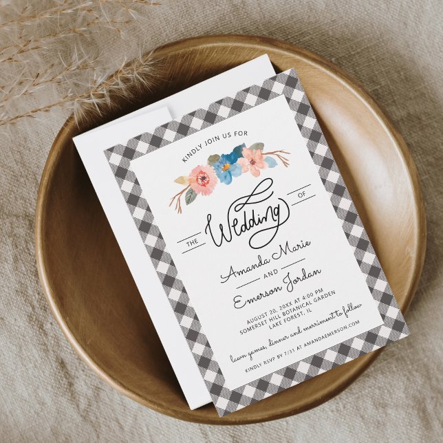Invitation Watercolor Floral Black Check Casual Wedding (Créateur téléchargé)