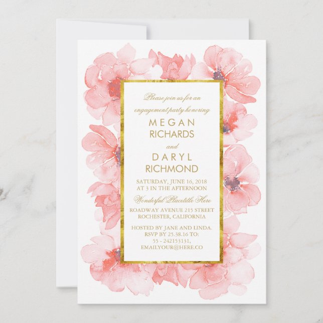 Invitation Watercolor Floral Blush et Gold Engagement Party (Devant)