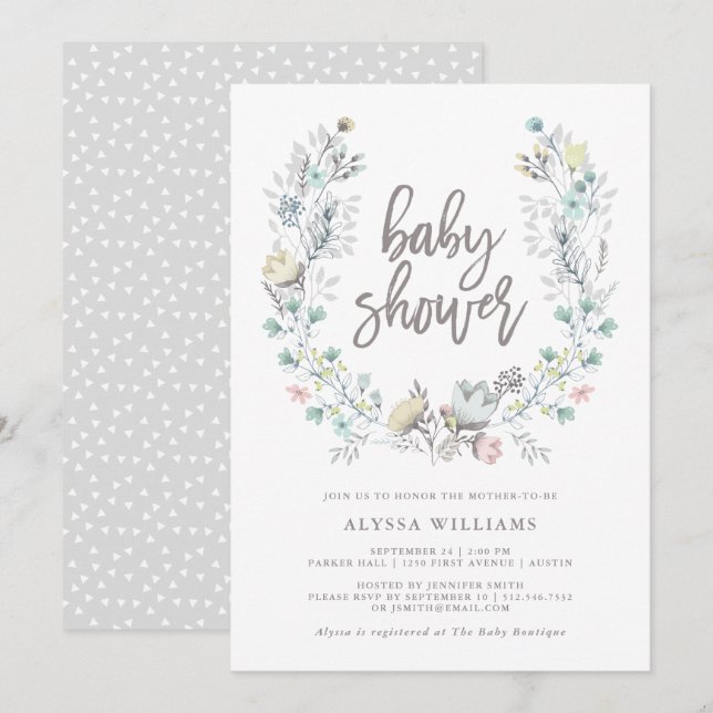 Invitation Watercolor Floral Botanique Wreath | Baby shower (Devant / Derrière)