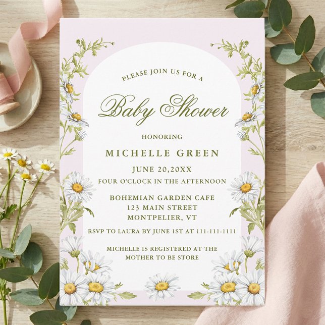 Invitation Watercolor Floral Daisy Baby Shower Blush Pink (Créateur téléchargé)