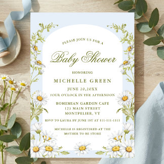 Invitation Watercolor Floral Daisy Baby Shower Light Blue