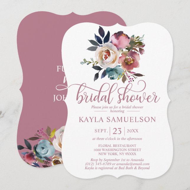 Invitation Watercolor Floral Dusty Mauve Rose Bridal (Devant / Derrière)