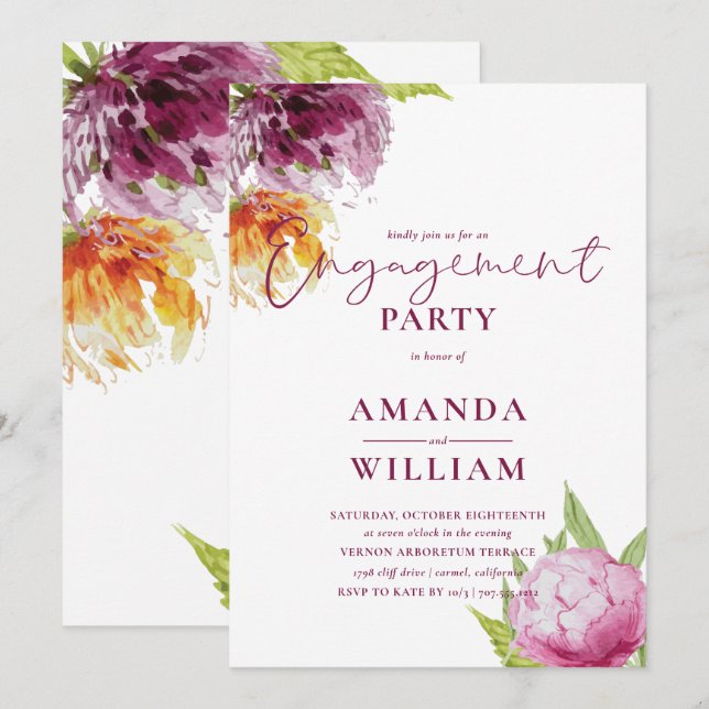 Invitation Watercolor Floral Engagement Party (Devant / Derrière)