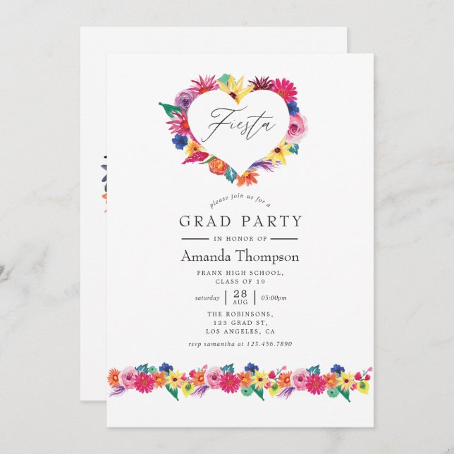 Invitation Watercolor Floral Fiesta Graduation Party (Devant / Derrière)