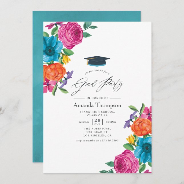 Invitation Watercolor Floral Fiesta Graduation Party (Devant / Derrière)