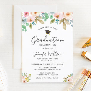Invitation Watercolor Floral Girly Photo Graduation Party